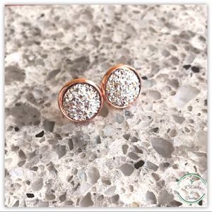 Silver Flat Druzy Rose Gold Plated Studs Earrings